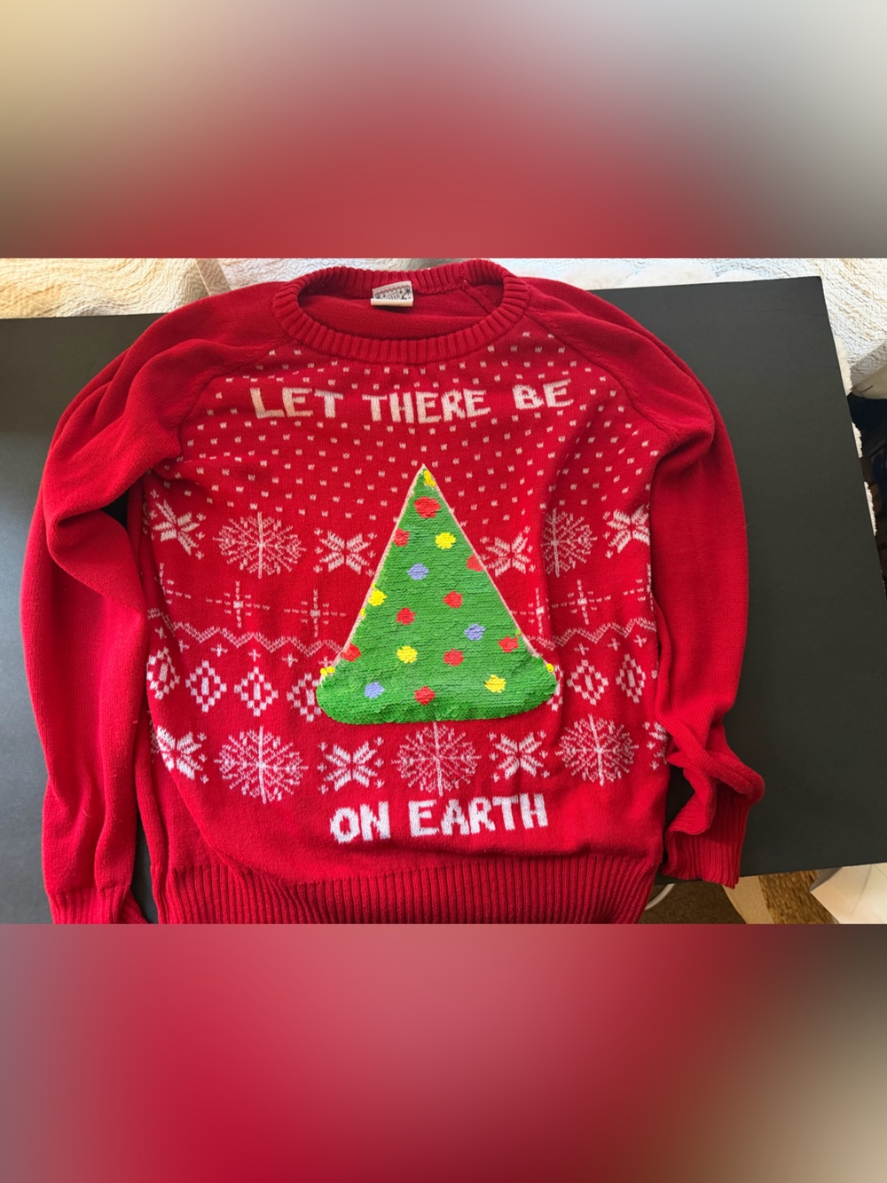 Red Holiday Sweater with Green Christmas Tree and Pizza Slice